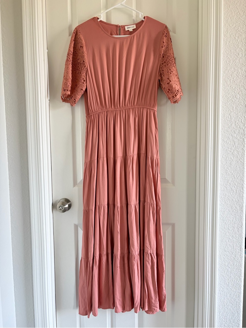 Lace Sleeve Tiered Maxi Dress in Dusty Rose